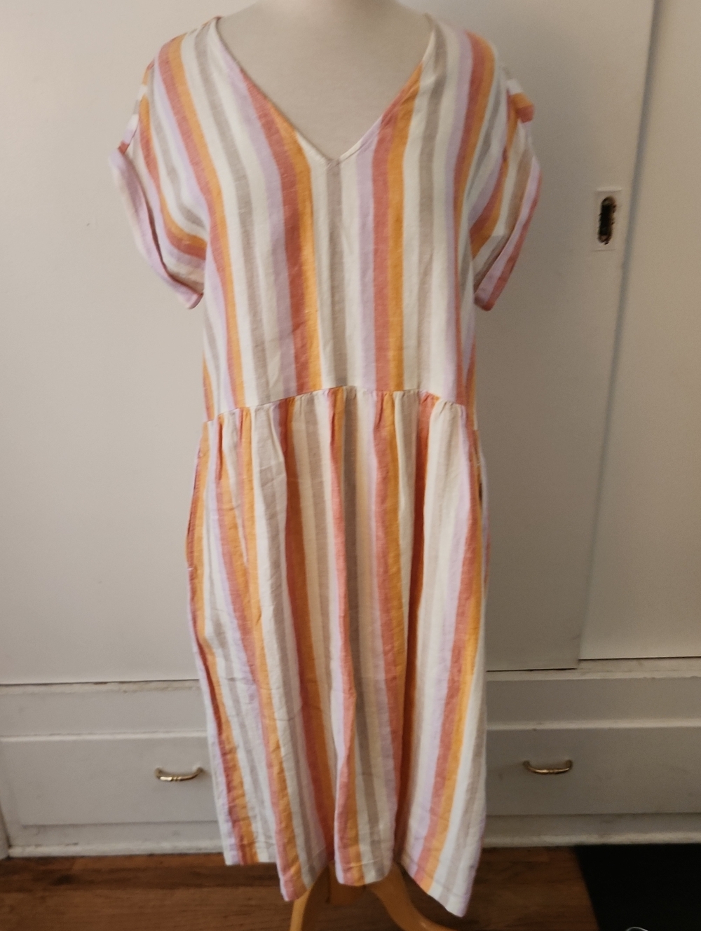 LOFT Striped V-Neck Midi Dress - White, Pink & Orange